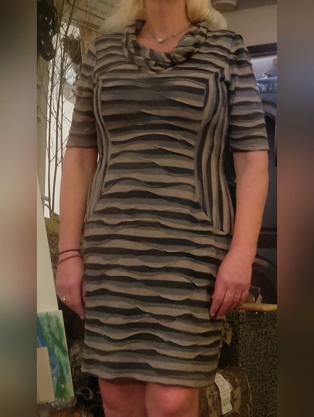 Cowl-Neck Midi Dress in Gray and Black Wave Stripe